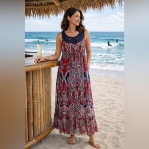 Bila Boho Maxi Dress Rayon Crochet Yoke Flowy Vacation Travel Beach Dress Size L